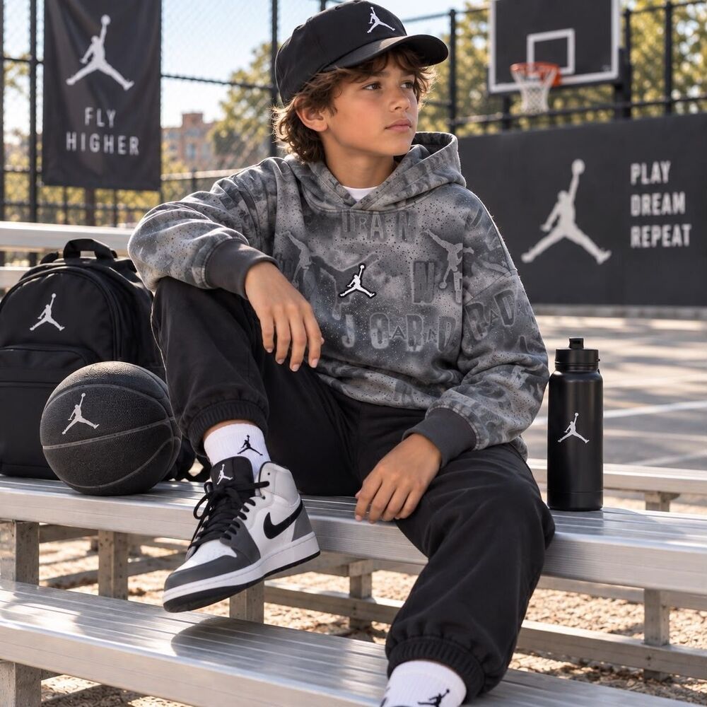 JORDAN Kids Boys Pullover Hoodie SMALL 8-10Y Gray All Over Print